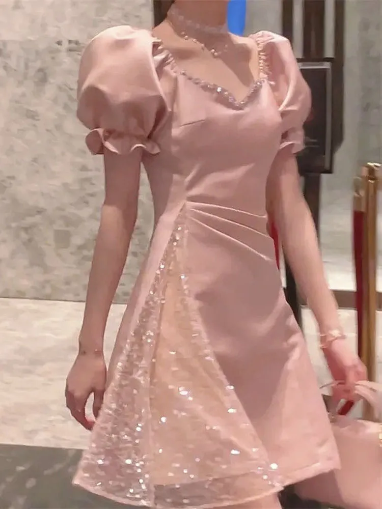 Fairycore Elegantný Mini Sequin Šaty Žien Vintage tvaru Luxusné Večerné Šaty Žena Elegantnej Čipky Patchwork Prom Party Šaty 2022