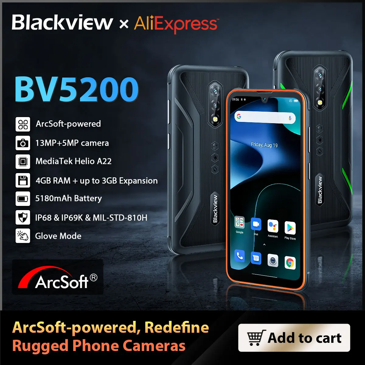 Blackview BV5200 Robustný Telefón s veľkosťou 4 gb, 32 GB Andriod 12 Heliograf A22 Quad Core Mobile 6.1,