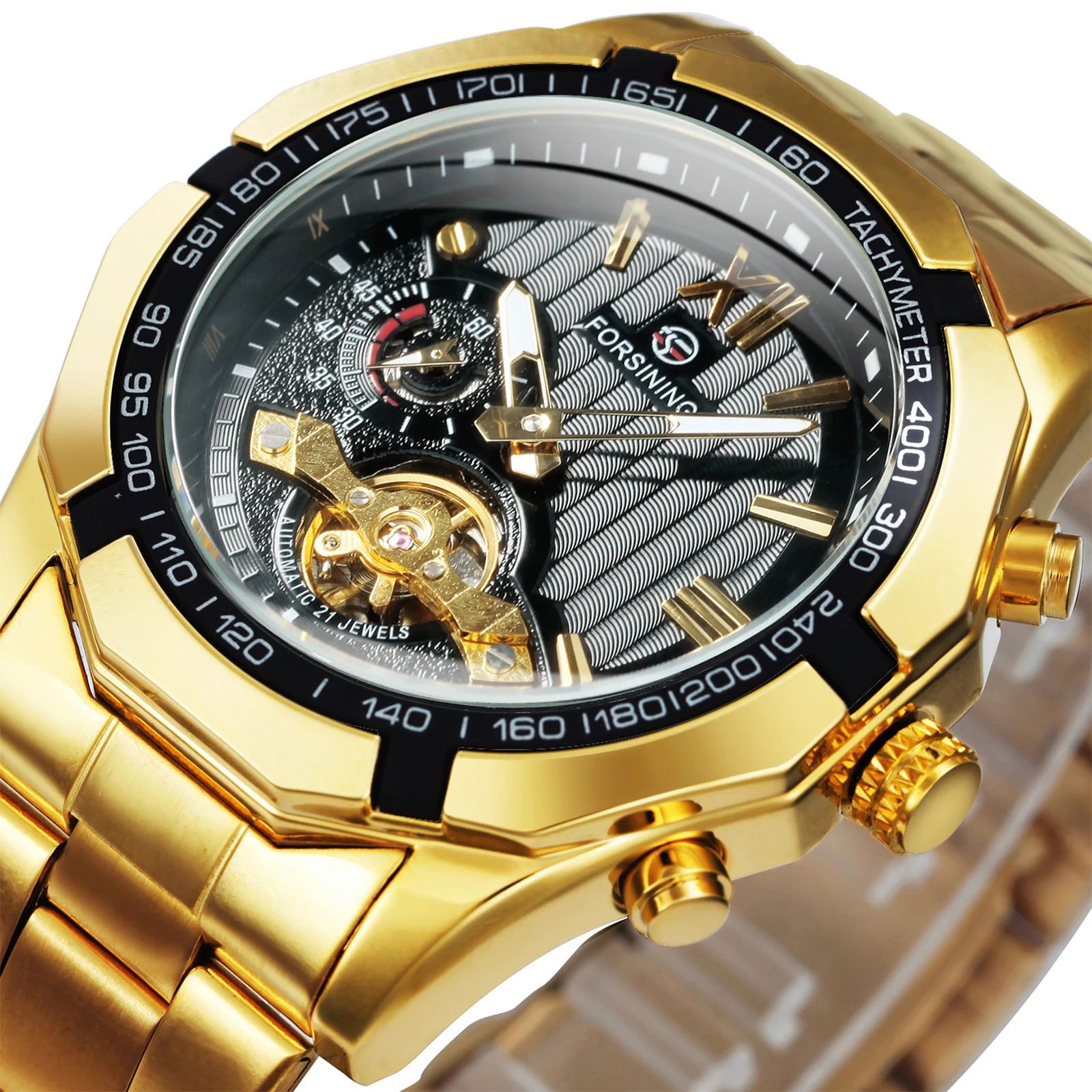 Forsining Vojenské Športové Automatické Hodinky pre Mužov, Mechanické náramkové hodinky Zlaté Nerezová Oceľ Remienok Luxusné Hodinky Tourbillon