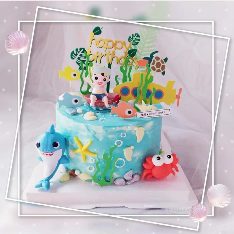 Podmorský Svet kreslených farebné DIY little shark narodeninovú tortu akryl morských rias narodeninovú tortu dekorácie pre Strán Dary