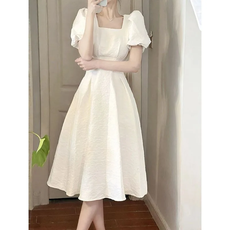 2022 Letné dámske Elegantné Biele Midi Šaty kórejský Vintage Námestie Golier Večierok Čierne Šaty Lady Jednoduché Joker Šaty