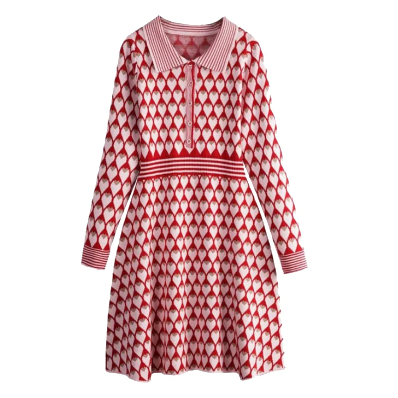 2022 Jeseň Ženy Vintage Červená Láska Srdce Pletené Šaty Dámske Oblečenie Elegantné Singel Svojim Dlhým Rukávom Midi Sveter Šaty