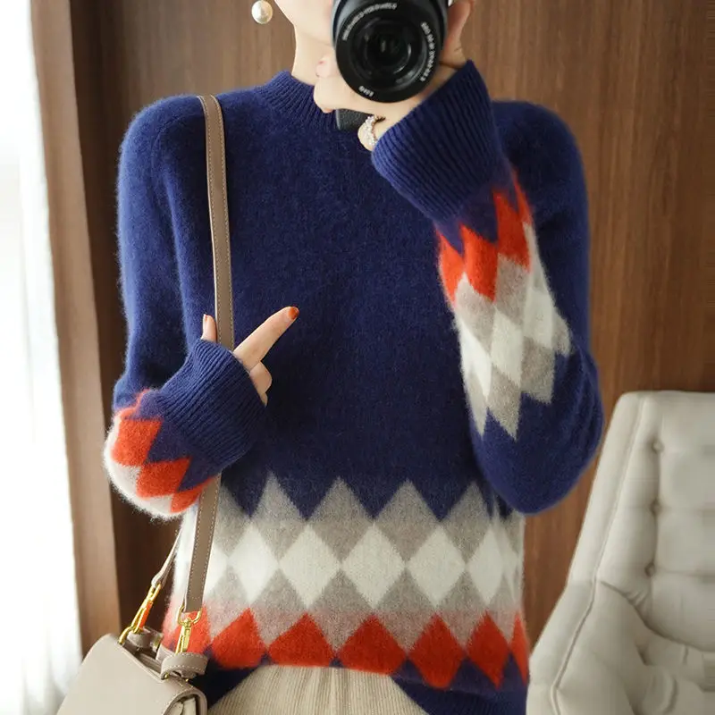 Jesenné a zimné Pulóver 22 kontrast kolo krku temperament čistá vlna knitwear ženy všestranný voľné pulóver sveter žena Obrázok 0 