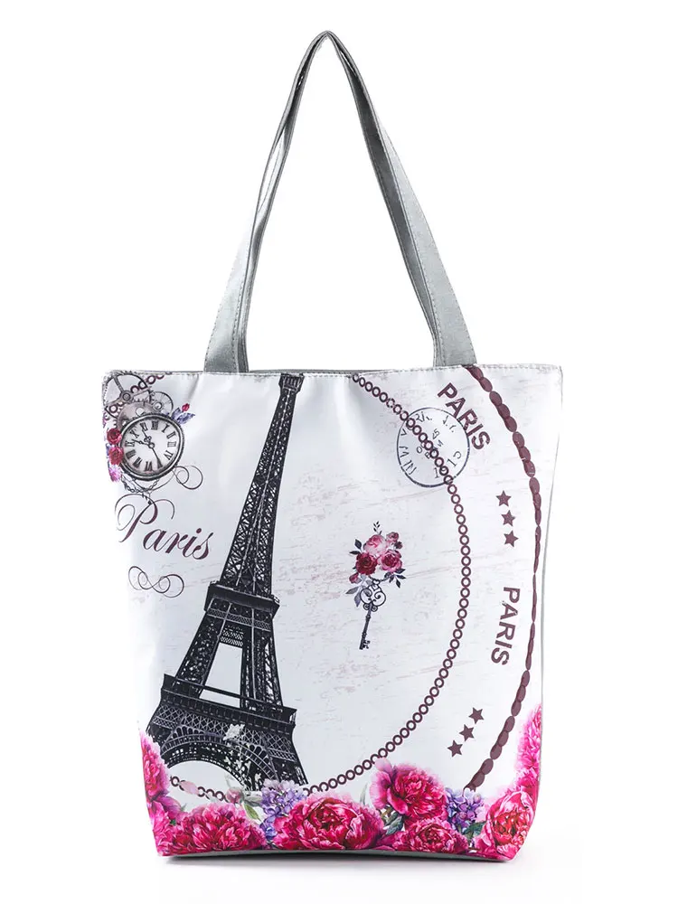 Fashion Art Trend Paríž Veža dámske Tašky Eco Opakovane Bielizeň Budovy potlačenom Otvorené Vrecká Kvetinový Nákupní Taška All-Zápas