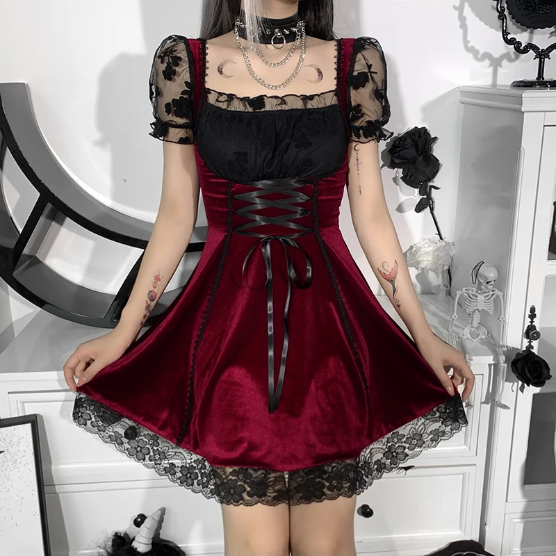 Y2K Red Velvet Bodycon Mini Šaty Estetické Klasická Výška Pása Čipky Tirm Party Šaty Gothic Čierne Šaty Mestskej Víla Grunge|