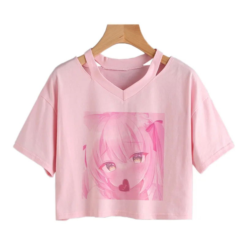 Ženy Krátke Sleeve T-Shirts Voľné Japonské Anime Girl tlač Plodín topy Hip Hop Gotický Tee Ostrihané tvaru Jednoduché Ružové tričko Obrázok 0 