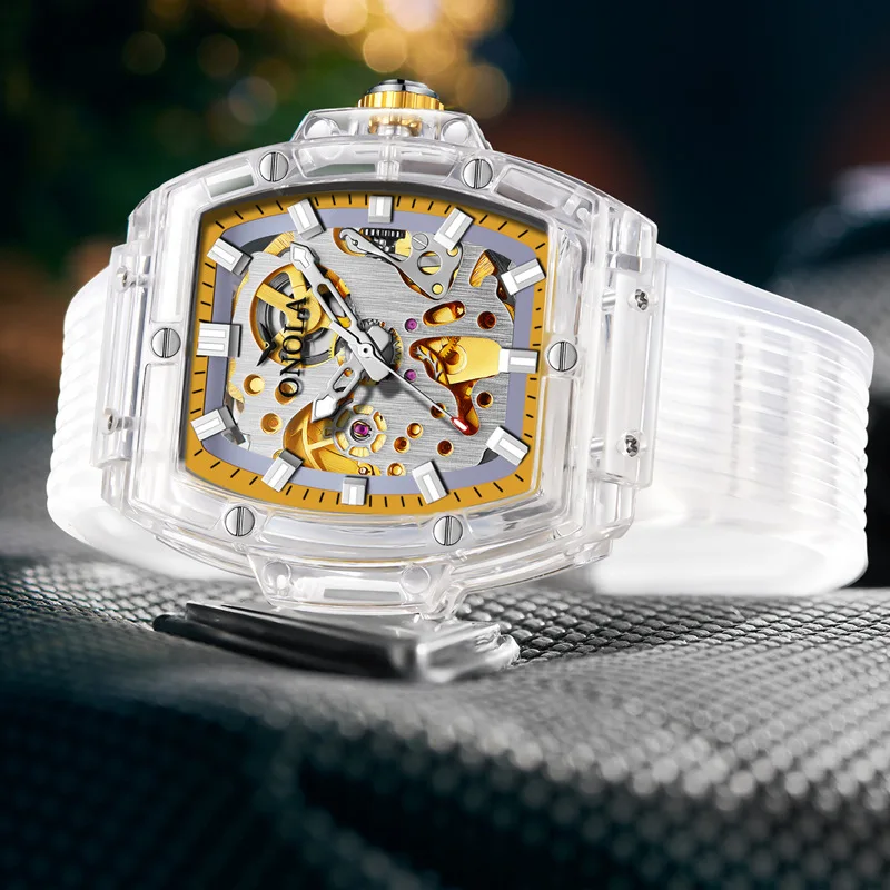 Luxusné pánske hodinky onola plastové transparentné duté plne automatické mechanické hodinky mužov nepremokavé hodiny