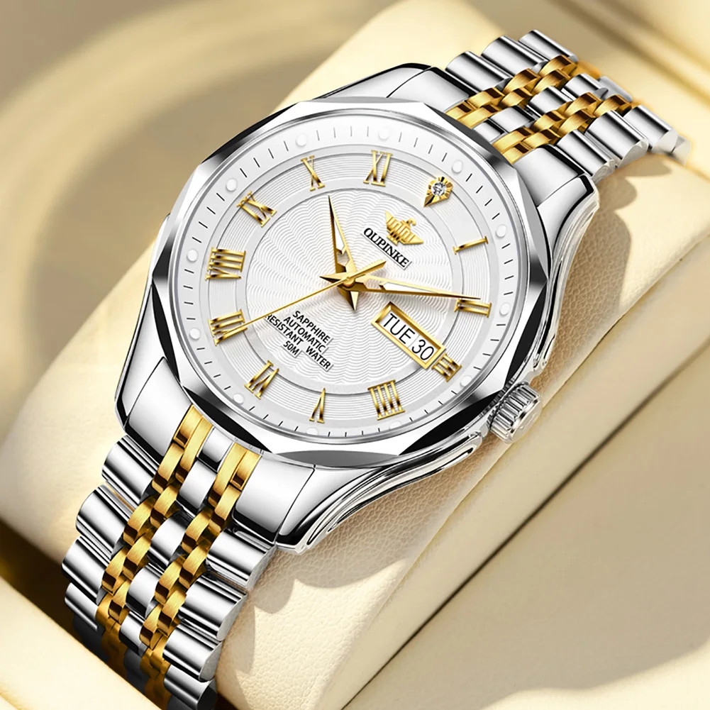 OUPINKE Pôvodné Automatické pánske Luxusné Hodinky Mechanické Sapphire Crystal Diamond Náramkové hodinky z Nerezovej Ocele, Vodotesné Hodinky