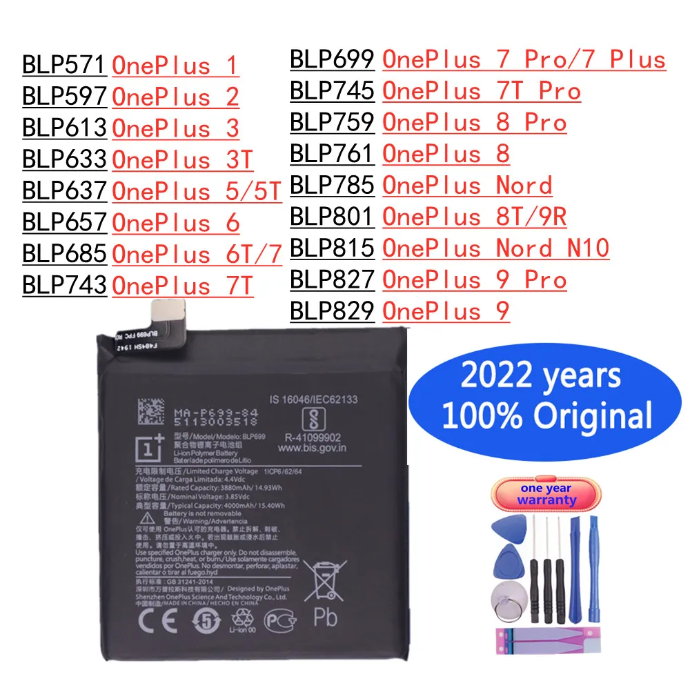2022 100% Originálne Batérie Pre OnePlus 1 2 3 3T 5 5T 6 6T 7 7Pro 7 Plus 7Plus 7T Pro 8 8Pro 8 Nord 8T 9R Nord N10 9 9Pro Batérie
