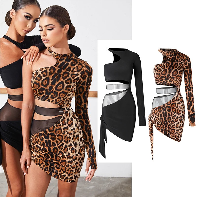 2022 latinské Tanečné Šaty Žien Čierne Dlhé Rukávy Šaty, Sexy Leopard Sála Súťaže Oblečenie Zimné Tanečné Oblečenie DNV16778