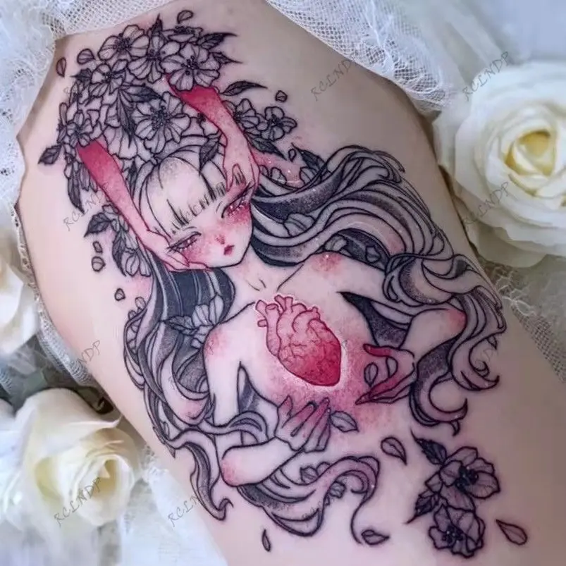 Nepremokavé Dočasné Tetovanie Nálepky Anime Srdce Sexy Čierne Vlasy Zlo Karikatúra Holka Kvet Flash Tatto Falošné Tetovanie pre Ženy Muži