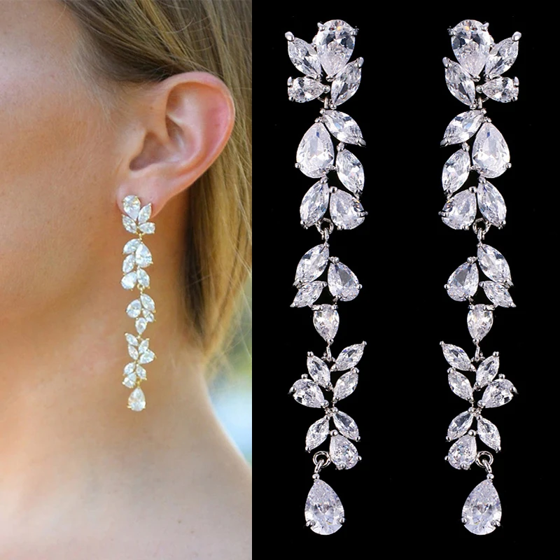 Luxusný Svadobný Dizajn Leaf Ucho Dlho Visieť Drop Náušnice Šperky Kubických Zironia Nevesta Earings Brincos pre Ženy Bijoux