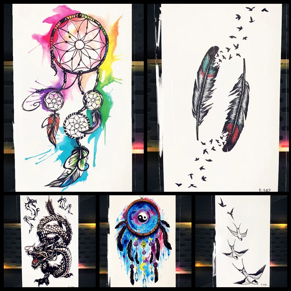 Akvarel Dreamcatcher Pierko Vietor Dočasné Tetovanie Nálepky Ženy Dievča Krku Telo Vodotesný Tetovanie Samolepiace Tatto Vtákov