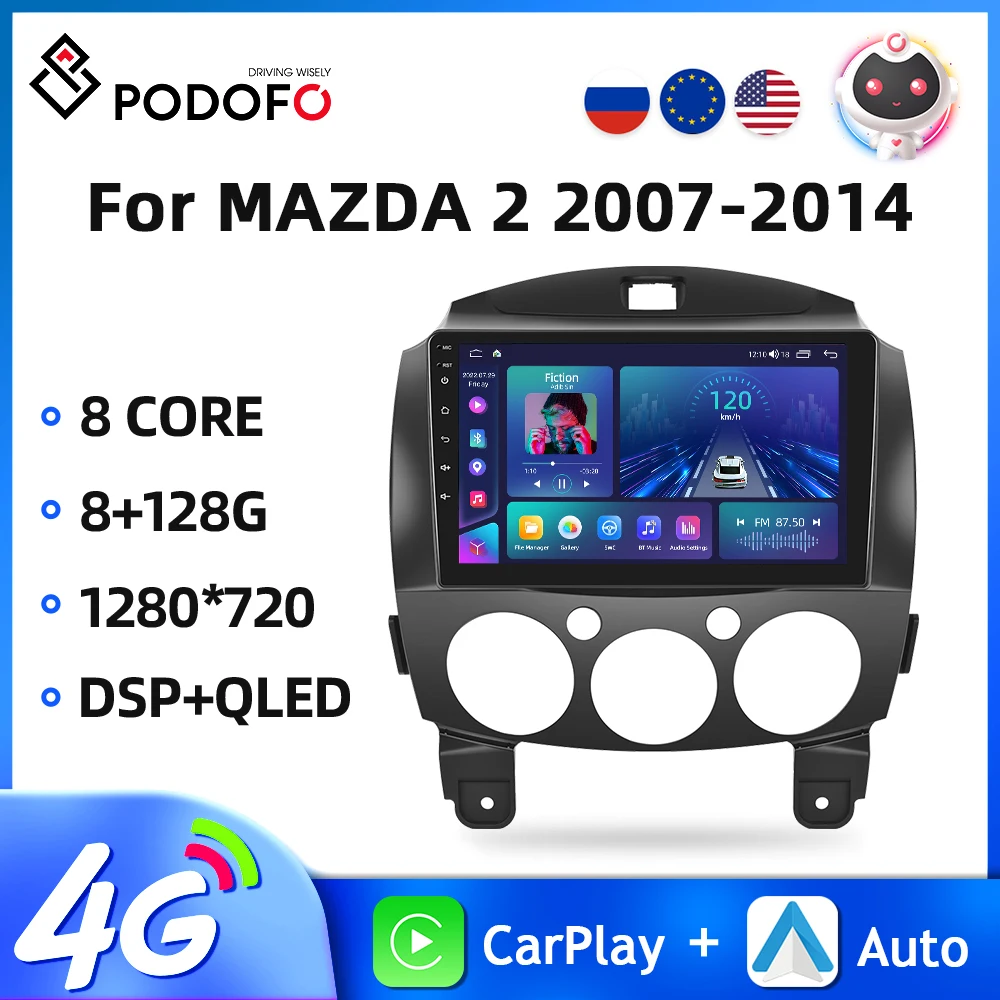 Podofo 8Core 2din autorádia Pre MAZDA 2 2007-2014 Multimediálne Video Prehrávač, GPS Navigáciu, Android Carplay Autoradio DSP Vedúci Jednotky Obrázok 0 