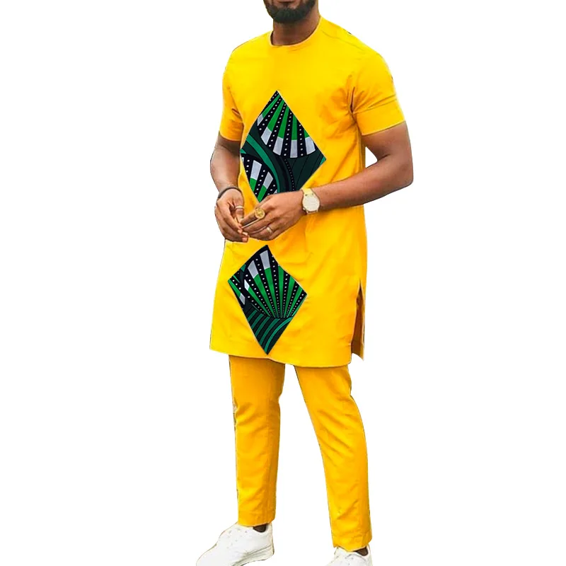 Africké Oblečenie pánske Krátke Rukáv Topy+Nohavice Žltej Bavlna Muž Príležitosti Oblečenie Prispôsobené Festival Ženícha Vyhovuje