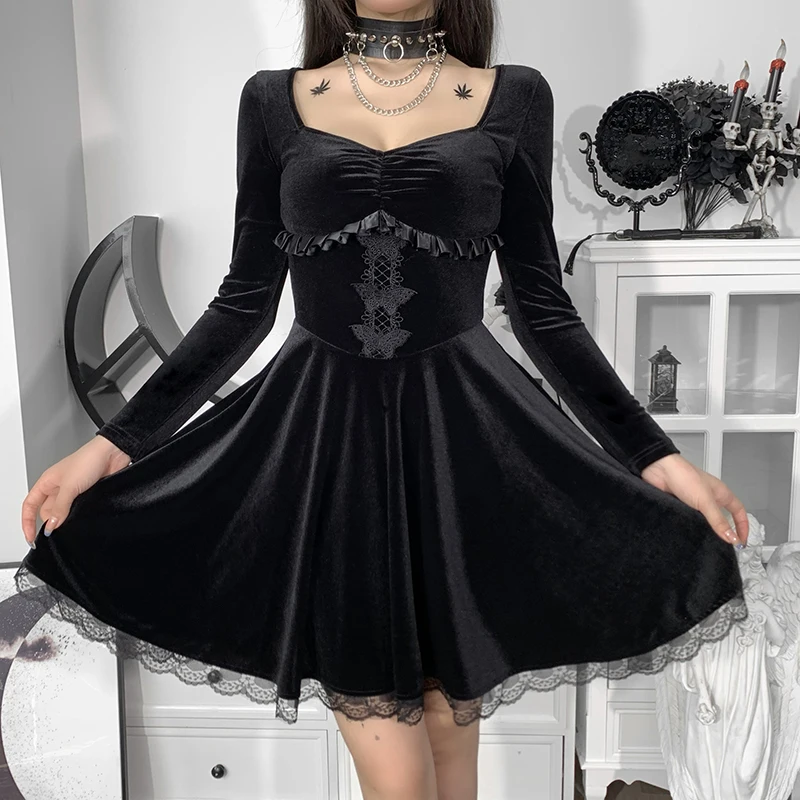 Elegantná Čipka Tirm Vysoký Pás Korzet, Šaty Goth Lolita Zamatová Čierna Vintage Šaty Žien Jeseň Dlhý Rukáv Party Šaty