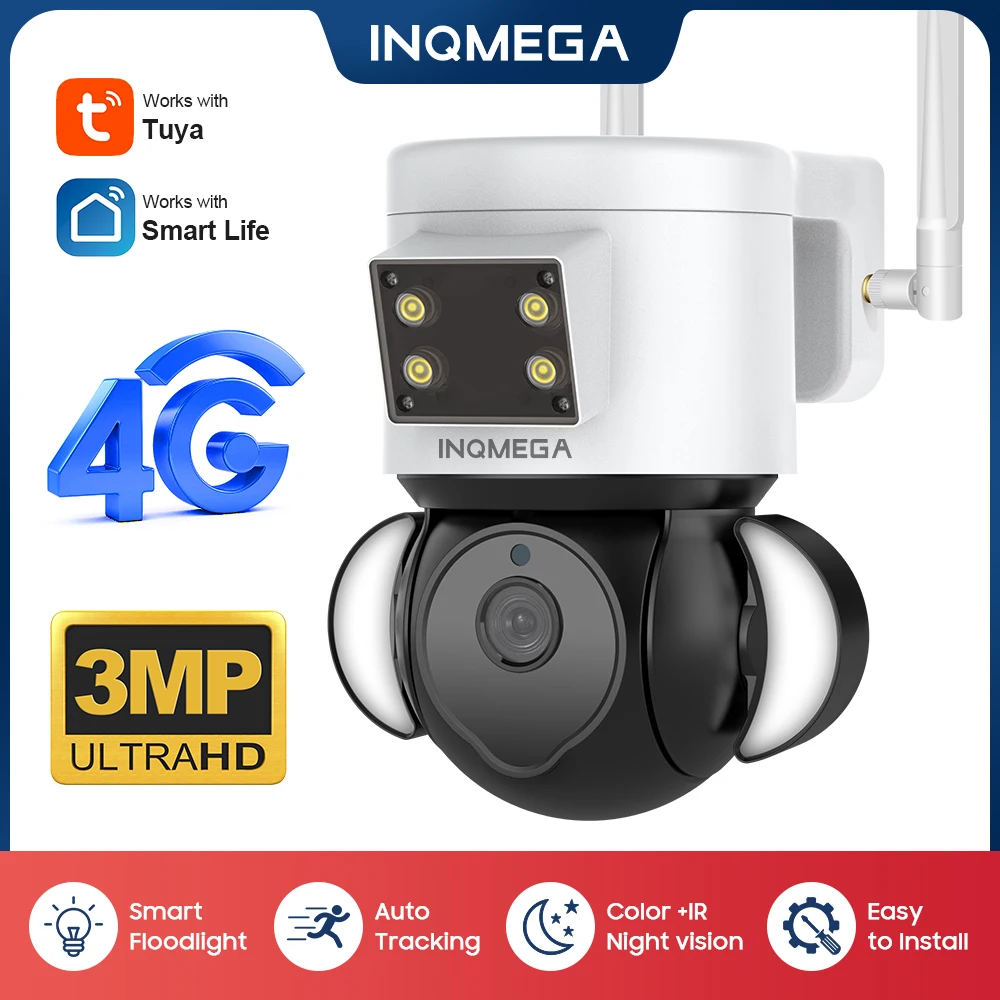 INQMEGA 4G Bezdrôtový WIFI Bezpečnostné IP Kamera, 3MP HD PTZ CCTV Kamera, Farebné Nočné Videnie GSM CCTV Kamera S SIM Karty Smart Tuya