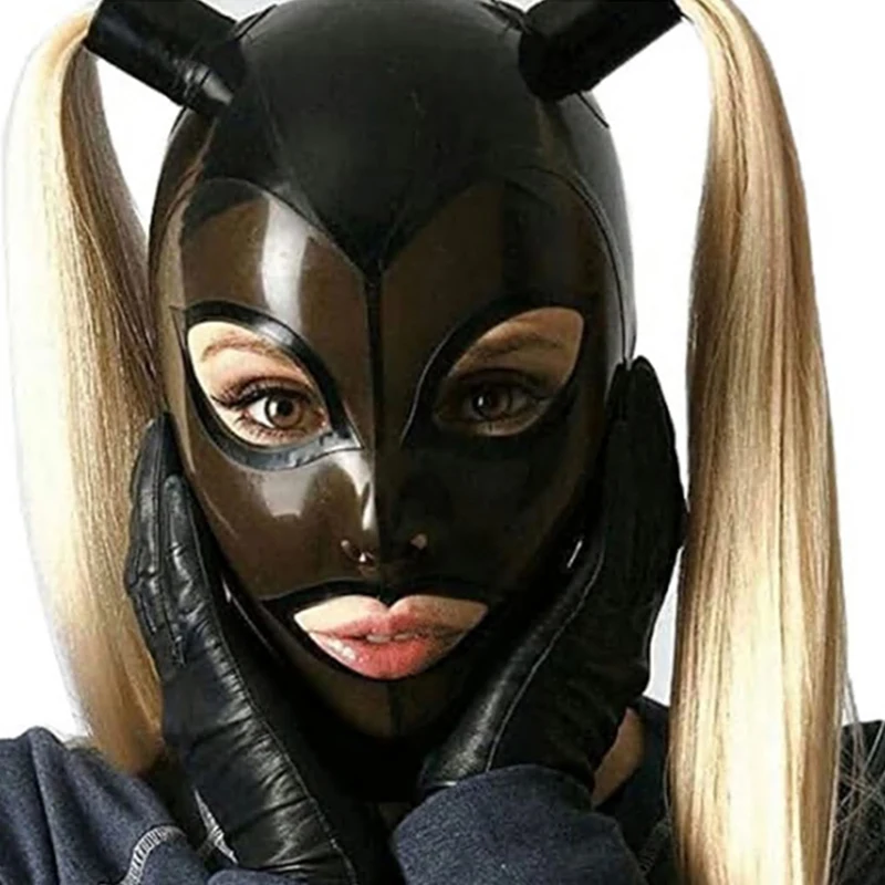 ručné sexy exotické black latex pozdĺžne bielizeň, odsávače maska s údeným čierna tvár parochňu kader späť zip fetish jednotné prispôsobiť