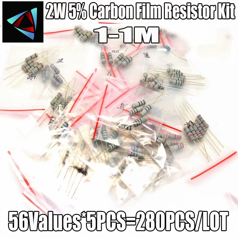 280pcs 1 - 1M Ohm 2W 5% 56Values X 5 ks Uhlíkový Film Odpory Metal Oxide Auta