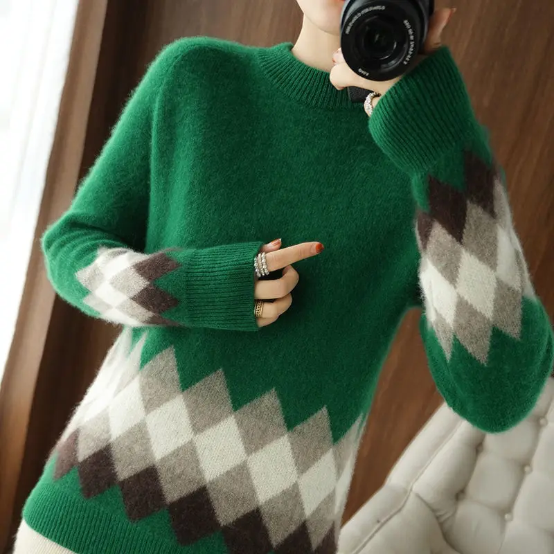 Jesenné a zimné Pulóver 22 kontrast kolo krku temperament čistá vlna knitwear ženy všestranný voľné pulóver sveter žena Obrázok 1 