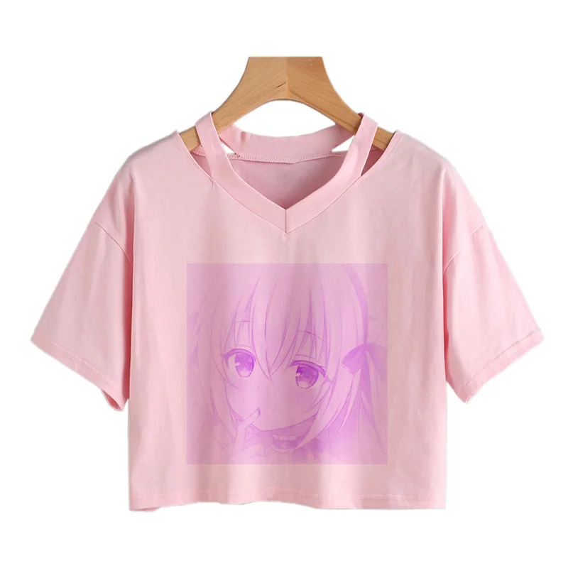 Ženy Krátke Sleeve T-Shirts Voľné Japonské Anime Girl tlač Plodín topy Hip Hop Gotický Tee Ostrihané tvaru Jednoduché Ružové tričko Obrázok 1 