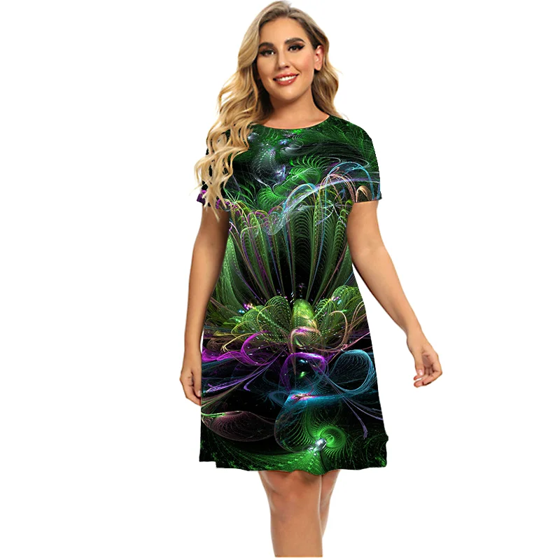 2022 Letné Šaty Nadrozmerné Ženy Abstraktné 3D Tlač Šaty Módneho Trendu Krátky Rukáv Oblečenie Príležitostné Voľné O-Krku Mini Šaty Obrázok 1 