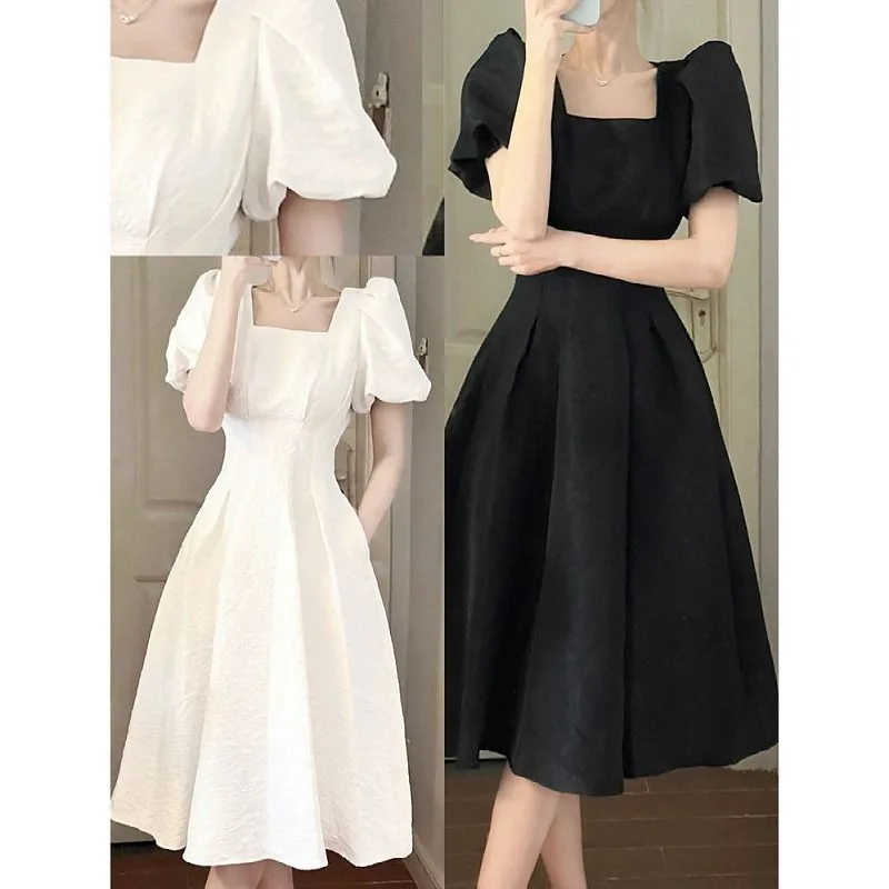 2022 Letné dámske Elegantné Biele Midi Šaty kórejský Vintage Námestie Golier Večierok Čierne Šaty Lady Jednoduché Joker Šaty Obrázok 2 