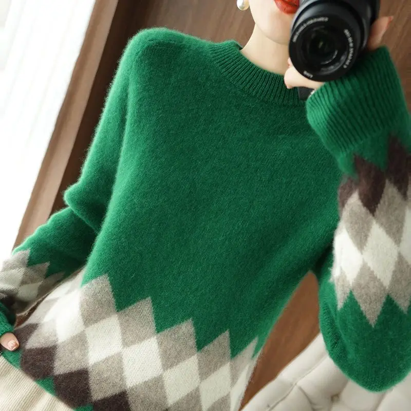 Jesenné a zimné Pulóver 22 kontrast kolo krku temperament čistá vlna knitwear ženy všestranný voľné pulóver sveter žena Obrázok 2 