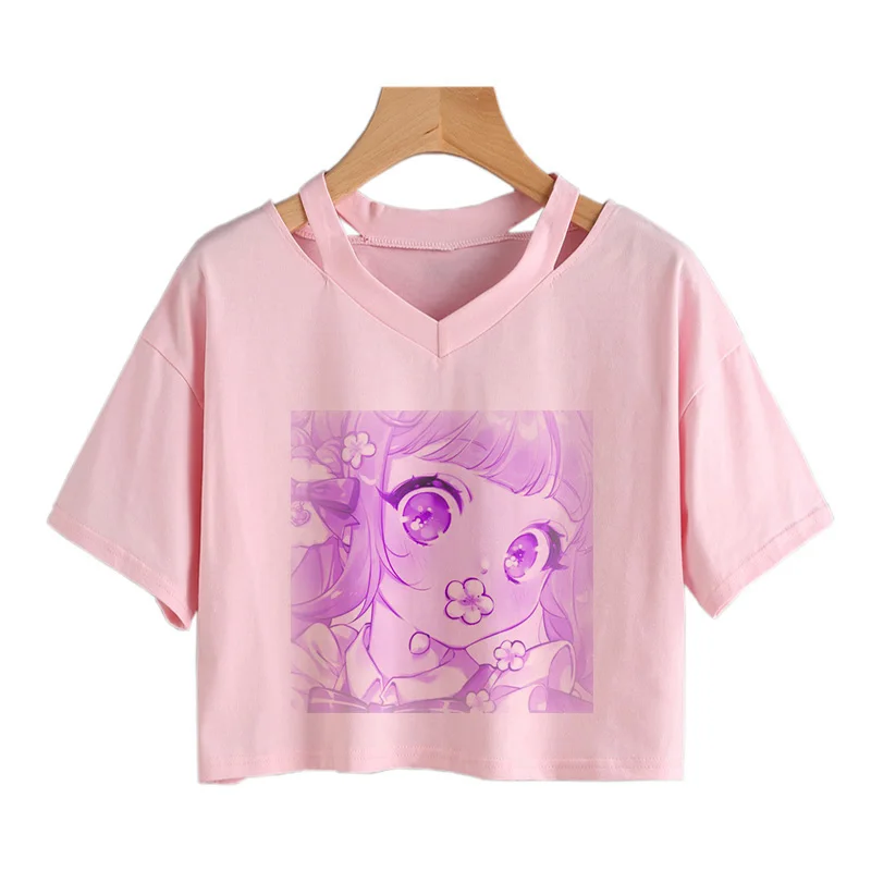 Ženy Krátke Sleeve T-Shirts Voľné Japonské Anime Girl tlač Plodín topy Hip Hop Gotický Tee Ostrihané tvaru Jednoduché Ružové tričko Obrázok 2 
