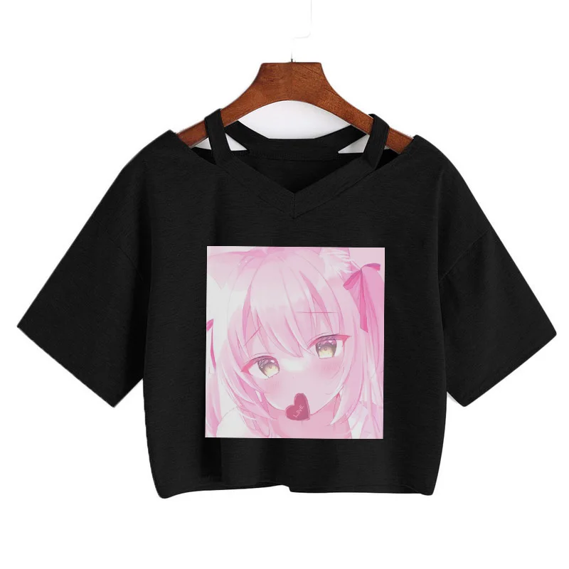 Ženy Krátke Sleeve T-Shirts Voľné Japonské Anime Girl tlač Plodín topy Hip Hop Gotický Tee Ostrihané tvaru Jednoduché Ružové tričko Obrázok 4 