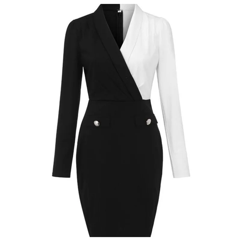 Móda tvaru šaty dlhé rukávy kontrast farieb prímestských slim čierny a biely šitie vyhovovali taška hip sukne Obrázok 4 