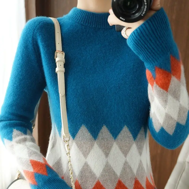 Jesenné a zimné Pulóver 22 kontrast kolo krku temperament čistá vlna knitwear ženy všestranný voľné pulóver sveter žena Obrázok 5 