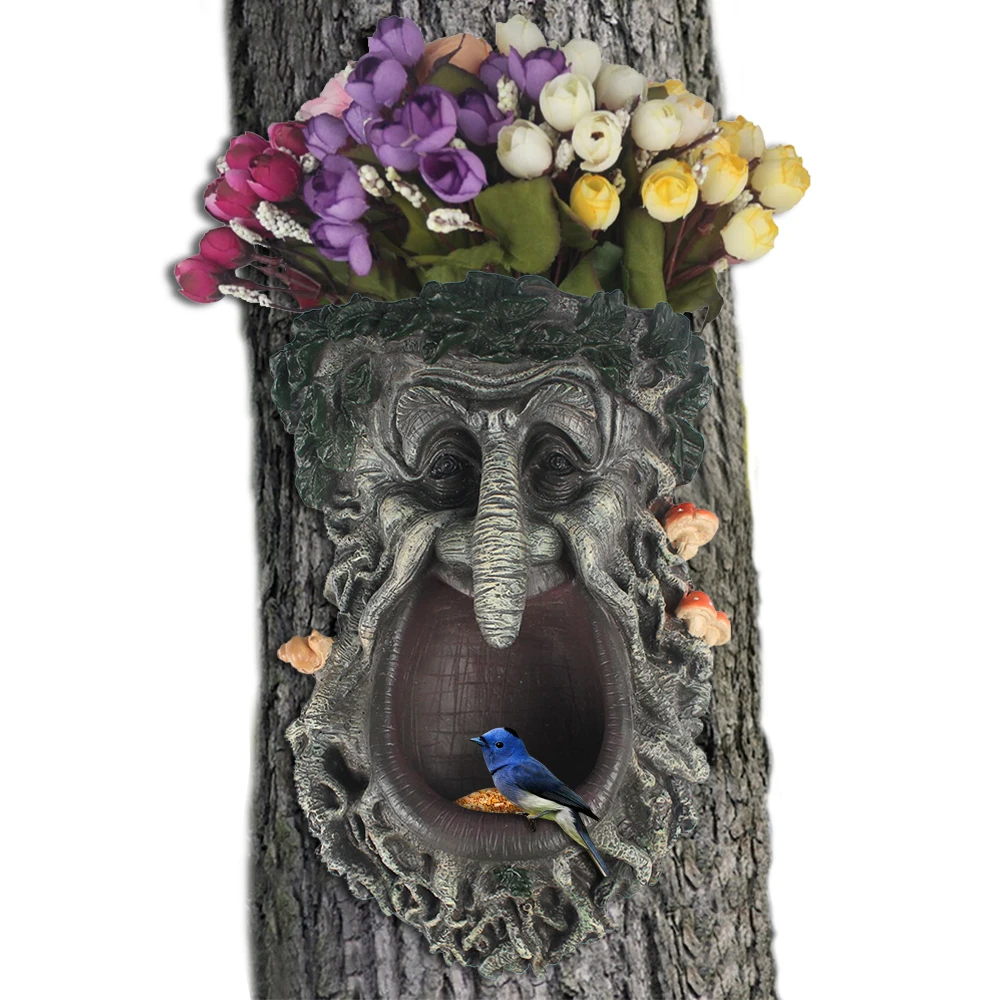 Vták Feeder Strom Tváre Dekor Vonkajšie Rozmarný Starý Muž Strom Hugger Sochy, Možno Tiež Použiť kvetináč na Dvore, Záhrada Umenia Obrázok 5 